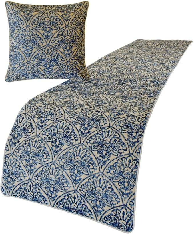 The HomeCentric King/Queen/Twin Blue Designer Twin 53"x18" Bed Runner with Pillow Cover, Embroidery, Quilted Bed Scarf on Cotton Fabric - Farzeen Blue