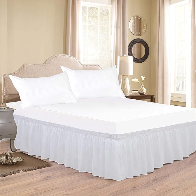 White Wrap Around Bed Skirts with 16" Drop - Three Sides Fabric Adjustable Elastic Dust Ruffle Silky Soft -600 TC Stretchy Bed Skirt-Olympic Queen(66"X 80") White