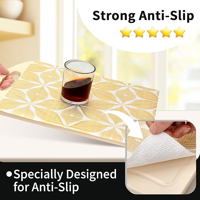 Shelf Liners for Kitchen Cabinets 23.62in x 39.5FT, Non Adhesive Cabinet Liner Strong Non-Slip Golden Leaf Drawer Liner, Easy to Clean for Shelf, Cabinet with Knife and Tape Measure