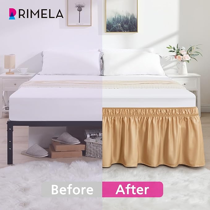 RIMELA Bed Skirt Queen Size Champagne Gold 15 Inch Drop, Wrap Around Elastic Bedskirt, Dust Ruffle for Adjustable Bed Base Soft Durable Fabric Machine Washable Easy to Install Bed Skirts