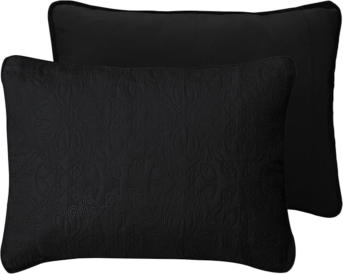 Easy-Going Twin Size Reversible Quilt Set with 1 Quilt and 1 Pillow Sham, Soft Bed Quilt Cover, Water Resistant Lightweight Microfiber Bedspread, Stain Resistant, Damask-Black/Beige