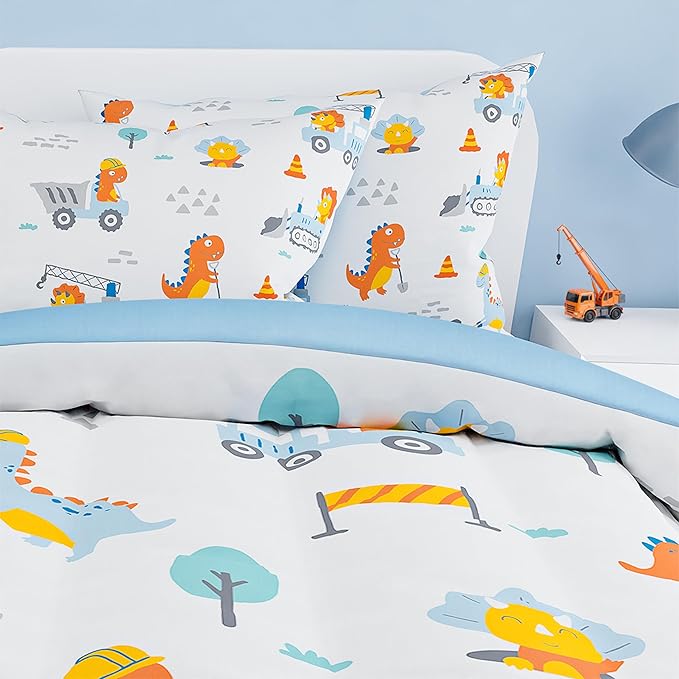 SANDJEST Dinosaur Comforter Set Full Size 98x86in for Kids Boys, Microfiber 4 Pcs Bedding Set Includes 1 Comforter, 2 Pillowcases, 1 Fitted Sheet, Nursery Room Decor