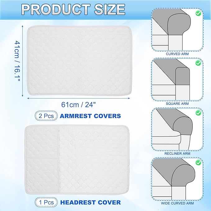 uxcell 3 PCS Armrest Covers, Couch Arm Cover Furniture Protect Slide Recliner Chair Armchair Covers with Side Storage Pocket for Sofa Recliner, Ecru