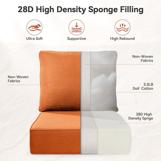 Luxury 6" Outdoor Cushions for Patio Furniture, 24x24x6" Thick Seat Cushion Set of 5, Fade Resistant Couch Chair Replacement Cushions High Density Deep Wicker Chair Cushion w/ Removable Cover, Orange