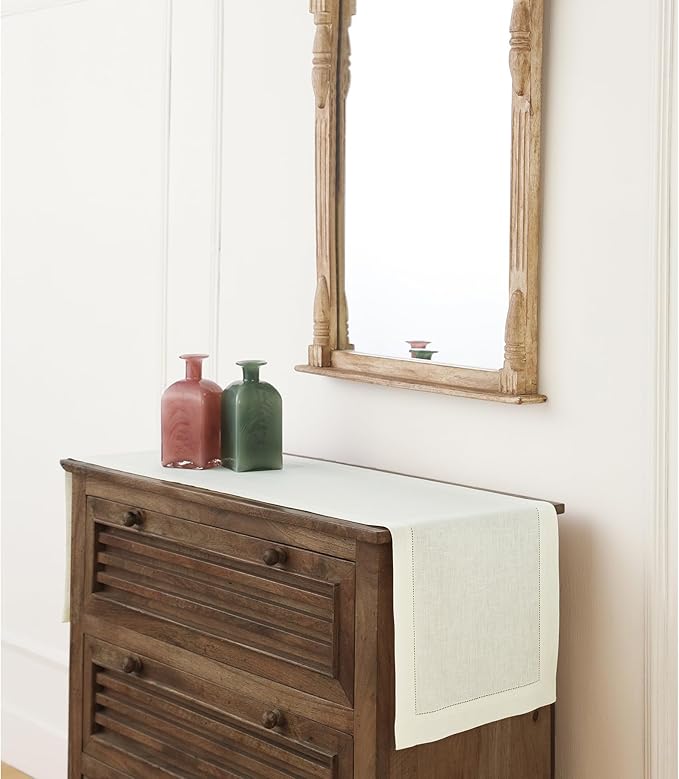 Solino Home Linen Ivory Table Runner 60 Inches - Classic Hemstitch, 100% Pure Linen Coffee Table Runner 14 x 60 Inch Ideal for Dresser Tables - Christmas, Holiday, New Year