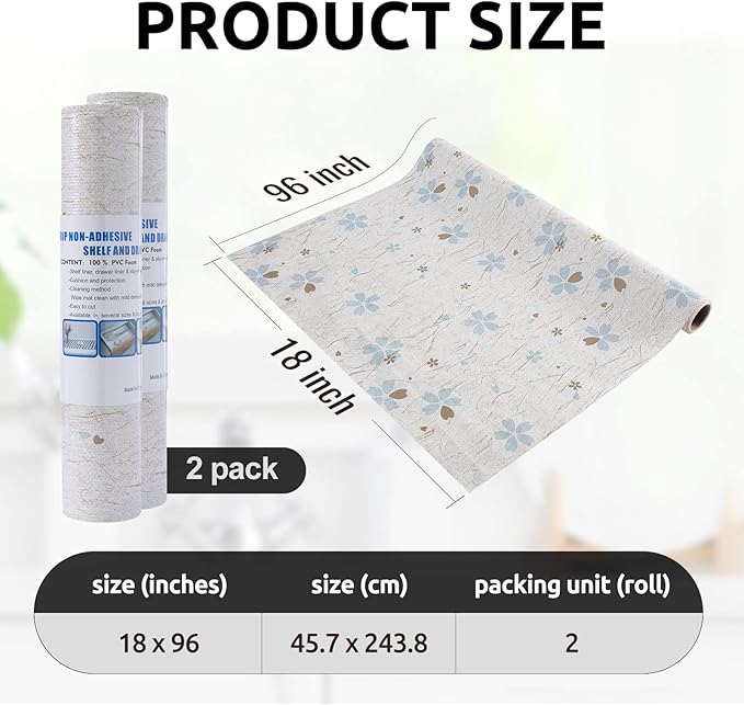 RAY STAR 18X96 Inch Shelf Liner for Kitchen Cabinets, Non-Adhesive Cabinet Liner Washable, PVC Drawer Liner for Dresser Non-Slip Bathroom (Floral)(2 Roll)