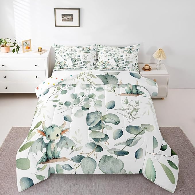 Erosebridal Boys Magic Animal King Comforter Set Cute Dragon Bedding Set King, Cartoon Wildlife Bedding Comforter Sets Green Leaf Duvet Set, Spring Plant Quilted Comforter Child Kids Bedroom Decor