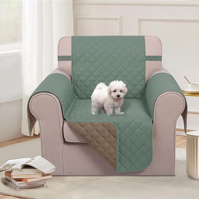 U-NICE HOME Recliner Chair Covers Reversible Chair Cover Pet Covers for Dogs with Elastic Straps Water Resistant Diamond Quilted (23''Recliner Small, Greyish Green/Taupe)