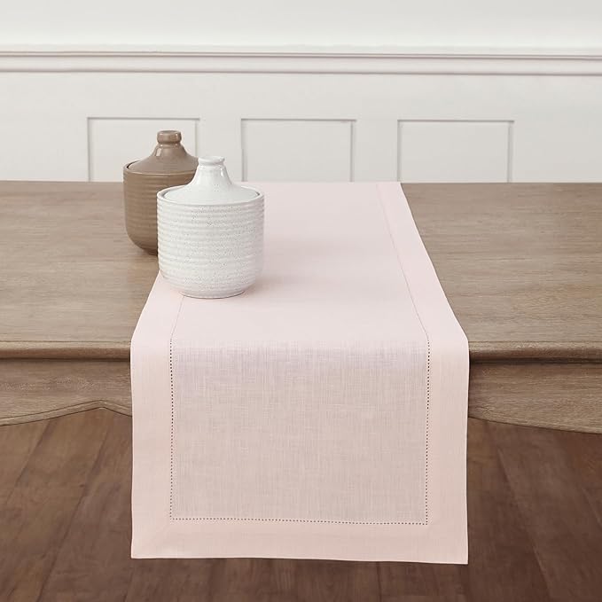 Solino Home Linen Pink Table Runner 90 Inches Long - 100% Pure Linen Hemstitch 14 x 90 Inch Table Runner for Dining, Christmas - Classic Hemstitch