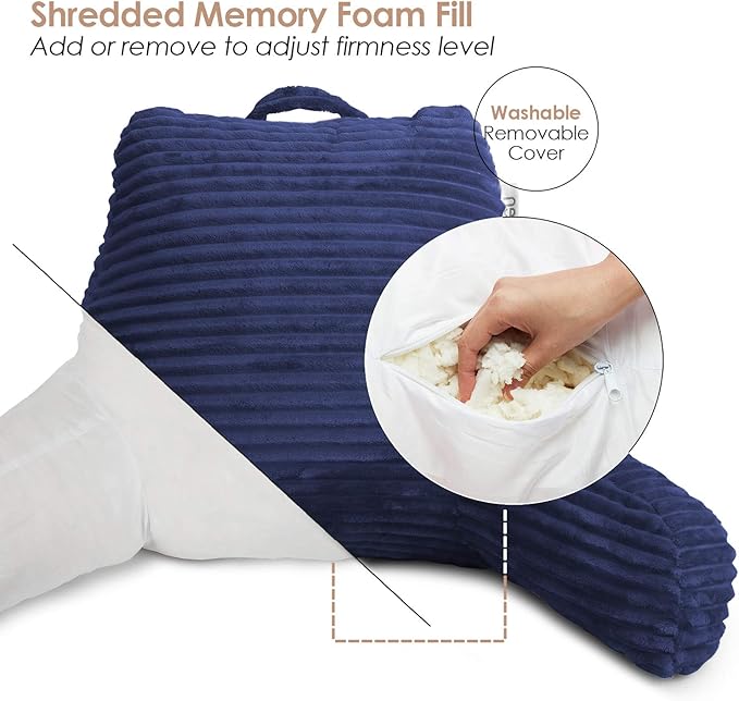 Hearth & Harbor Reading Pillow for Bed Adult – Back Pillow for Sitting in Bed, Standard Bed Pillows for Sitting Up in Bed, Foam Bed Chair Pillow, Navy Bed Rest Pillow