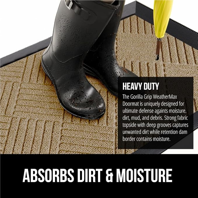 GORILLA GRIP 100% Waterproof All-Season WeatherMax Doormat US Designed Natural Rubber, Stain and Fade Resistant, Low Profile Indoor Outdoor Door Mats, Easy Clean Patio Mat, 23x35, Beige Diamond