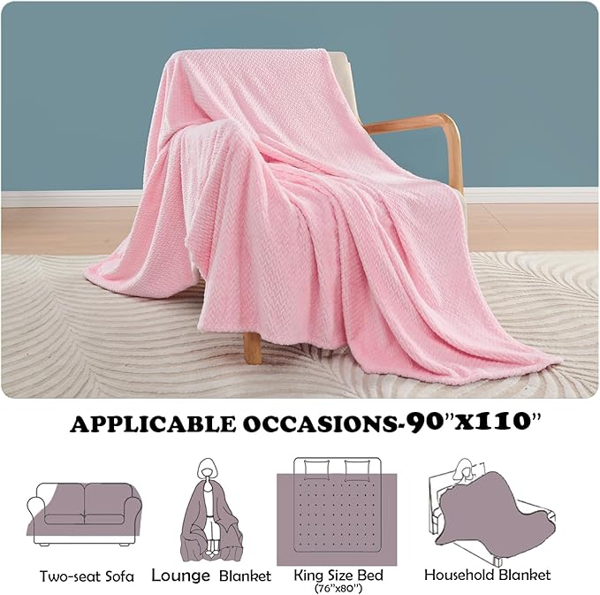 NEWCOSPLAY Super Soft King Blanket Pink Premium Silky Flannel Fleece Leaves Pattern Lightweight Bed Blanket All Season Use (Pink, King(90"x110"))