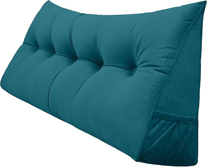 Triangular Reading Bed Rest Pillow Large Bolster Cushion Headboard Backrest Wedge Pillow with Removable Cover and Two Large Side Pockets (Teal, Queen: 59 x 8 x 20 inches)