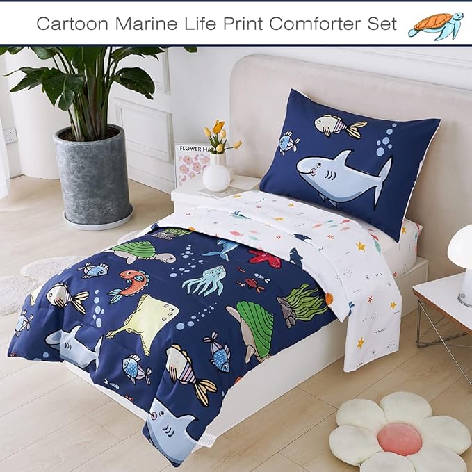 PERFEMET Kids Comforter Sets Boys Full Size-5 Piece Bed in A Bag Navy Blue Ocean Themed Comforter-Soft Reversible Cartoon Fish Shark Bedding Set for Girls Teens(Navy Blue, Ocean)