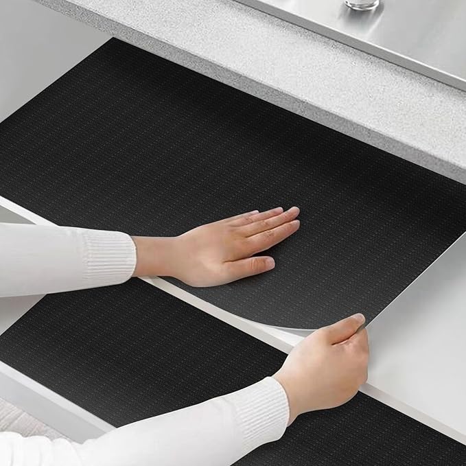 Shelf and Drawer Liner for Kitchen Cabinets Non-Adhesive, Strong Grip Non-Slip Thickened Cabinet Liners for Shelves, Waterproof Mats for Dresser Cupboard, Black, 12 in x 10 Feet