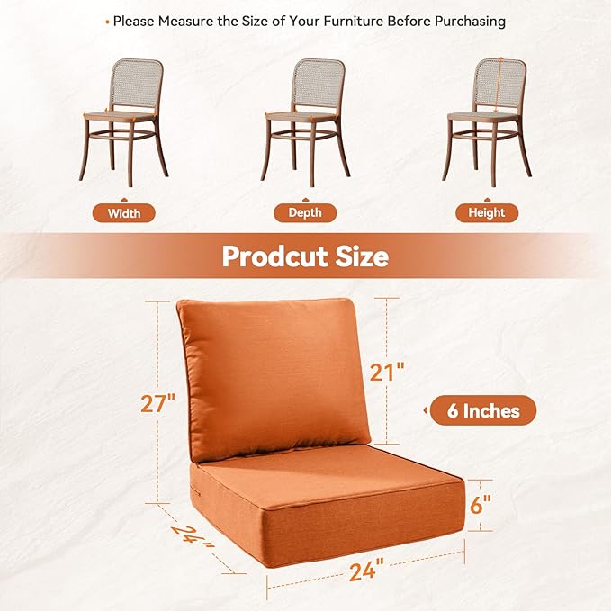 Luxury 6" Outdoor Cushions for Patio Furniture, 24x24x6" Thick Seat Cushion Set of 5, Fade Resistant Couch Chair Replacement Cushions High Density Deep Wicker Chair Cushion w/ Removable Cover, Orange