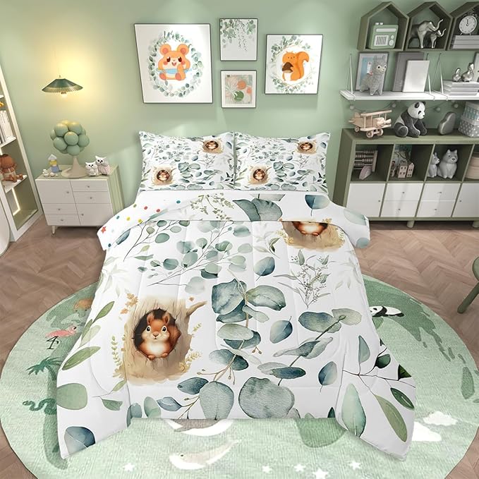 Erosebridal Kawaii Squirrel Full Comforter Set for Boys Girls Cartoon Animal Bedding Set Full, Eucalyptus Leaves Bedding Comforter Sets Jungle Wildlife Duvet Set, Tropical Plants Quilted Comforter