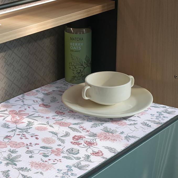 Floral Drawer and Shelf Liner for Cabinets, Non-Adhesive and Strong Non-Slip Shelf Cabinet Drawer Liners for Kitchen, Table,Bookshelves,Waterproof Cupboard Liners,Easy to Clean,12IN x 10FT