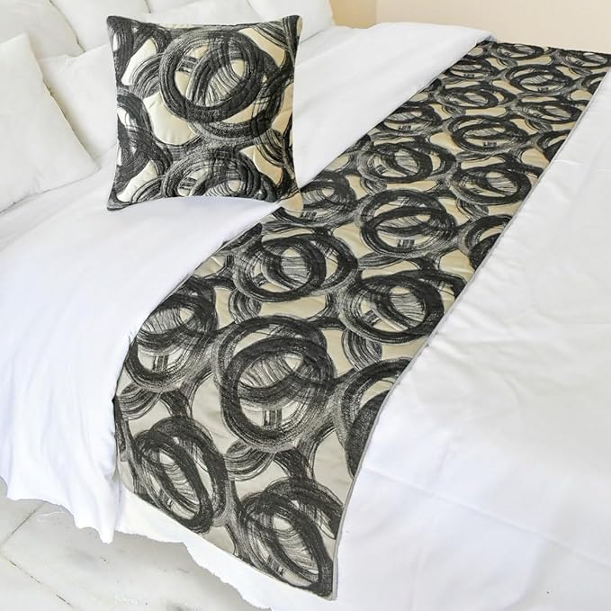 The HomeCentric King/Queen/Twin Black Designer Full 68"x18" Bed Runner with 2 Pillow Cover, Circle, Rings, Quilted Bed Scarf on Jacquard Fabric - Circlewise
