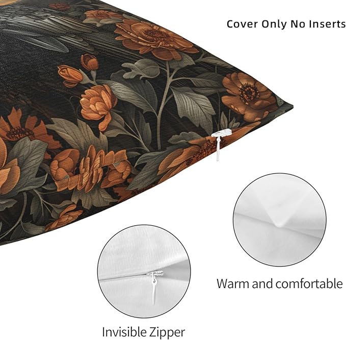 Mystical Raven Art Print Decor, William Morris Abstract Vintage Floral Design 20x20 inches Throw Pillow Covers Square Pillowcases Decor for Bed Couch Sofa Room Cushion Covers
