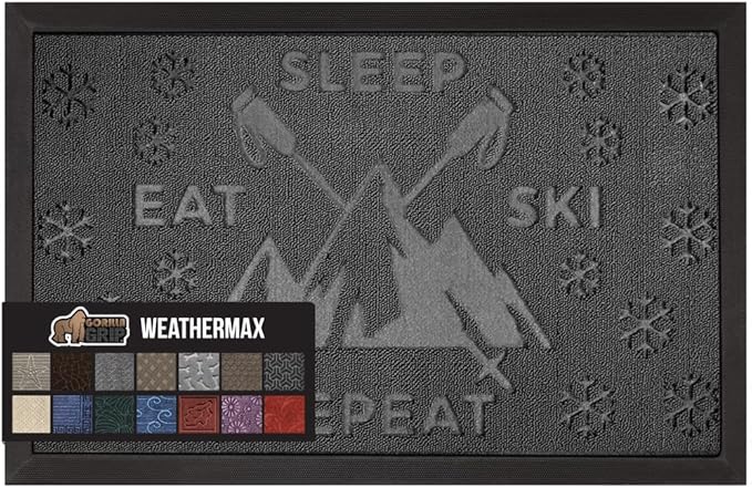 GORILLA GRIP 100% Waterproof All-Season WeatherMax Doormat 35x23, US Designed Natural Rubber, Stain and Fade Resistant, Low Profile Indoor Outdoor Door Mats, Easy Clean Patio Mat, Graphite Skiing