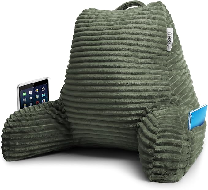 Nestl Reading Pillow with Shredded Memory Foam, Luxe Cut Plush Back Pillow for Sitting Up in Bed, Back and Arms Adjustable Support for Adult & Teens, Backrest Pillows with Washable Cover Olive Green