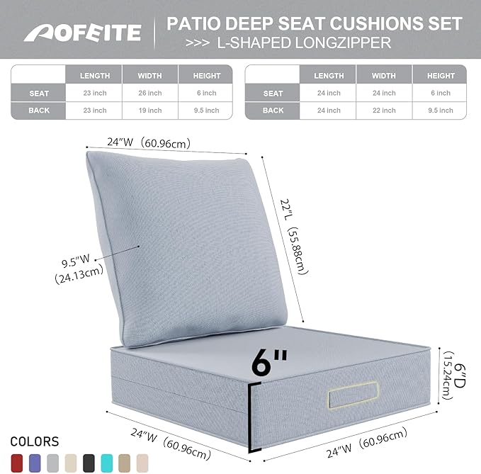 Outdoor Water-Resistant Olefin Deep Seat Cushion Set, 2PCS Weather and Fade Resistant 24''x 24''x 6'' Patio Furniture Seat Cushion, Thickened Sofa Chair Pad for Lawn, Garden, Light Gray