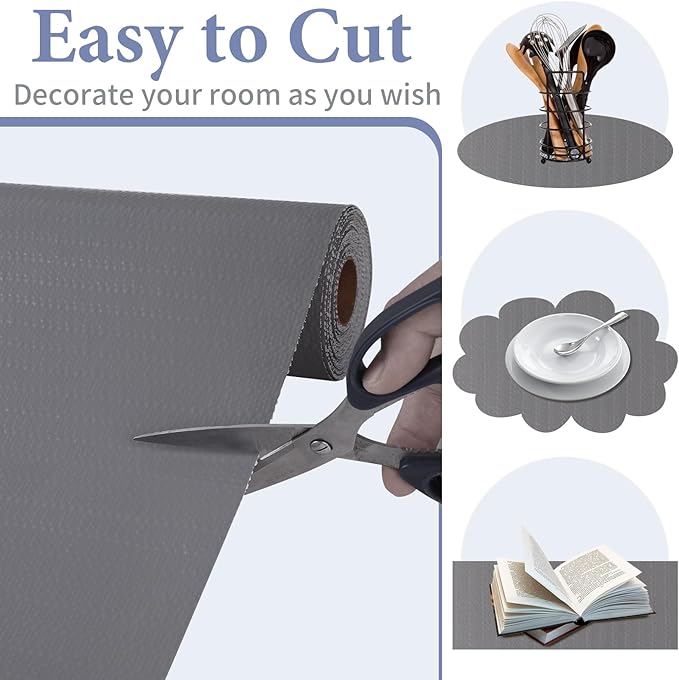 Drawer and Shelf Liner for Kitchen Cabinet: 23in X 90 Ft Non Slip Waterproof Shelf Paper Non Adhesive Refrigerator Liners Gray Easy Liners for Bathroom Cupboard with Knife Tape Measure