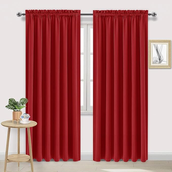 DWCN Blackout Curtains for Living Room Thermal Insulated, Energy Saving & Noise Reducing Bedroom Curtains, Red, W 70x L 84 Inch, Set of 2 Rod Pocket Curtain Panels
