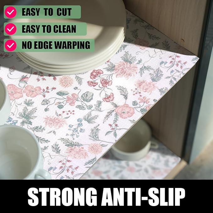 Floral Drawer and Shelf Liner for Cabinets, 12IN x 20FT Non-Adhesive and Strong Non-Slip Shelf Cabinet Drawer Liners for Kitchen, Table,Bookshelves,Waterproof Cupboard Liners,Easy to Clean