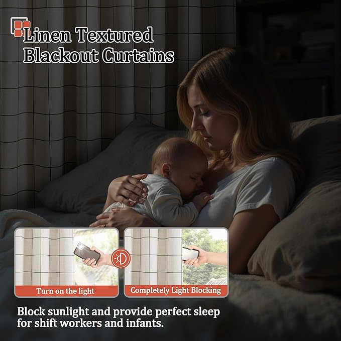 Linen Blackout Curtains for Living Room - Plaid Patterned Curtains 72 Inch Long, Boho Black Out Thermal Insulated Drapes for Bedroom Grommet Style 52x72 Inch 2 Panels, Dark Green