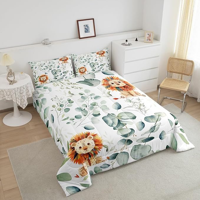 Erosebridal Cute Lion Full Comforter Set for Kids Child Green Eucalyptus Bedding Set Full, Woodland Animal Bedding Comforter Sets Botanical Plant Leaves Duvet Set, Cartoon Wildlife Quilted Comforter