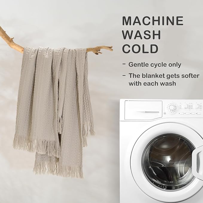 100% Cotton Waffle King Blanket with Fringe 104"x90", Pre-Washed Waffle Weave Blanket for All Season, Lightweight Breathable Soft Cozy Throw Blanket for Couch, Bed, Travel (Beige)