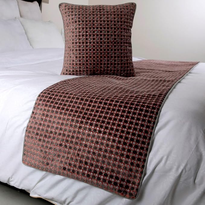 The HomeCentric Grey Bed Runner, King Size 90"x18" Decorative Bed Runner with 2 Matching Pillow Cover, Peach & Grey Velvet Bed Scarf in Sequins Embroidery - Ditto Dots
