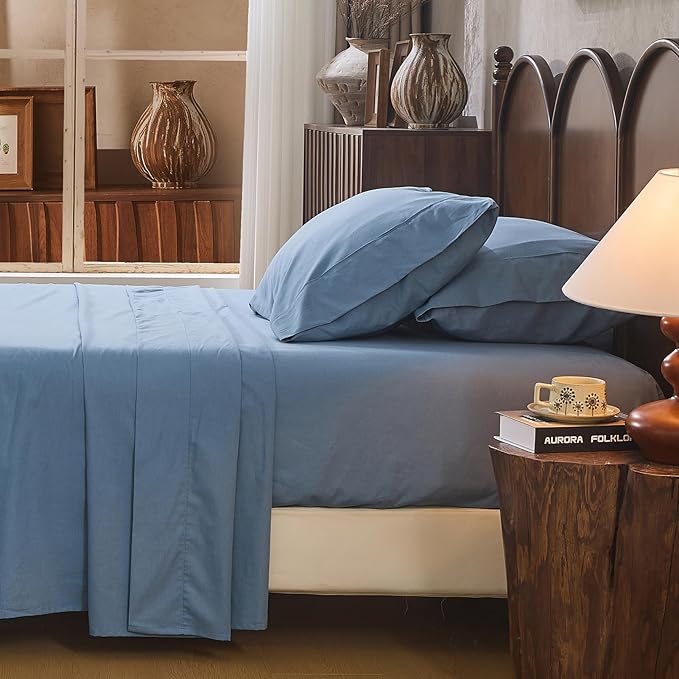 100% Linen Sheet Set Cal King Size Extra Deep Pocket Fits 18-24 Inch Mattress, Breathable & Soft, Smooth 4-Piece Set for Thick Mattresses Hotel Luxury Bedding（Cal King, Dusty Blue）