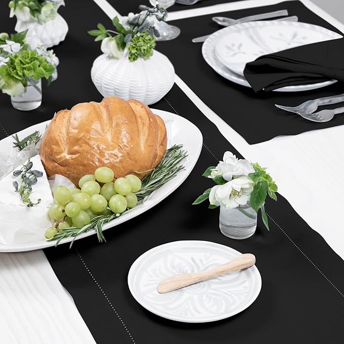 Solino Home Linen Black Table Runner 144 Inches Long - 100% Pure Linen Extra Long Table Runner 14 x 144 Inch for Holiday, Christmas, New Year - Classic Hemstitch