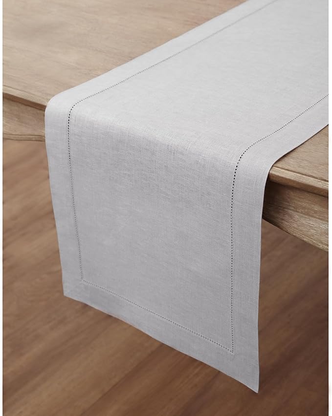 Solino Home Linen Soft Grey Table Runner 60 Inches - Classic Hemstitch, 100% Pure Linen Coffee Table Runner 14 x 60 Inch Ideal for Dresser Tables - Christmas, New Year