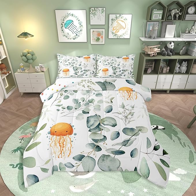 Erosebridal Kawaii Jellyfish Full Size Comforter Set for Boys Girls Cartoon Animal Bedding Set, Eucalyptus Leaves Down Comforter Ocean Wildlife Bed Set, Tropical Botanical Plants Quilted Duvet
