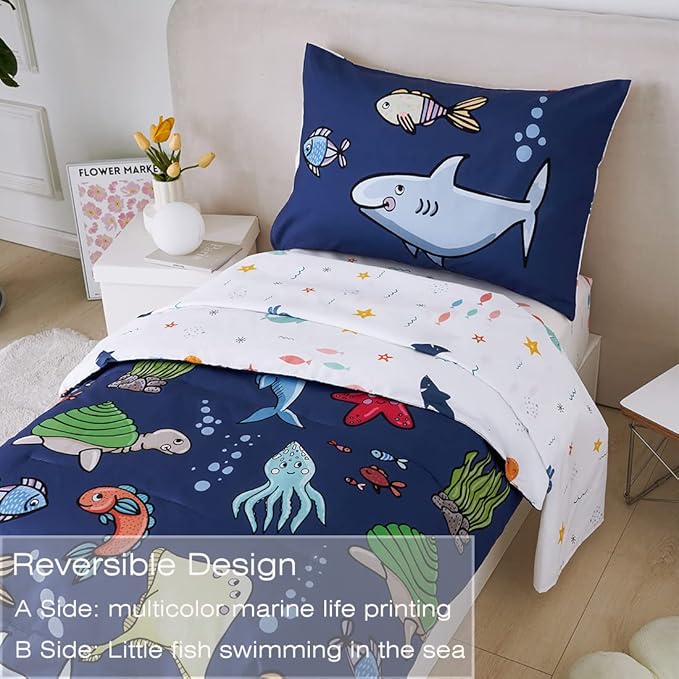 PERFEMET Kids Comforter Sets Boys Full Size-5 Piece Bed in A Bag Navy Blue Ocean Themed Comforter-Soft Reversible Cartoon Fish Shark Bedding Set for Girls Teens(Navy Blue, Ocean)