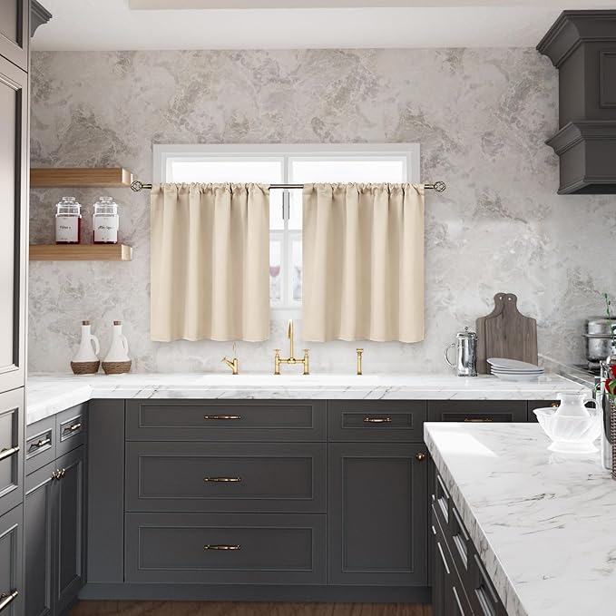 BGment Small Blackout Curtains 30 Inches Length - Rod Pocket Half Window Drapes for Kitchen Cafe Bathroom Bedroom Rv Camper Thermal Insulated Privacy Blinds, Champagne, 2 Panels, 34 x 30 Inch