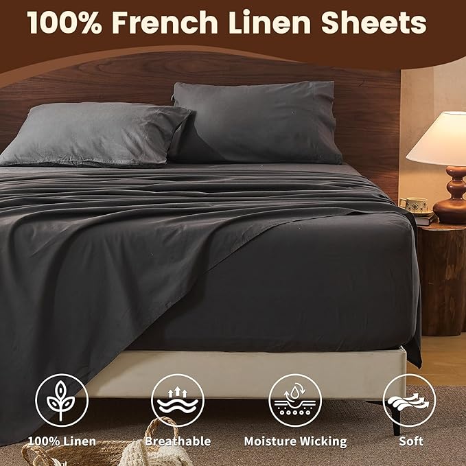 100% Linen Sheet Set Cal King Size Extra Deep Pocket Fits 18-24 Inch Mattress, Breathable & Soft, Smooth 6-Piece Set for Thick Mattresses Hotel Luxury Bedding（Cal King, Dark Grey）