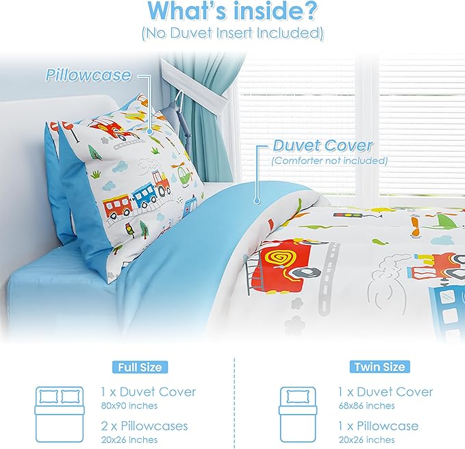 SANDJEST Transportation Duvet Cover Sets Twin Size for Kids Boys, Include 1 Polyester Comforter Cover 68x86 Inches and 1 Pillowcase 20x26 Inches, Comforter Not Included, Gift for Christmas Birthday