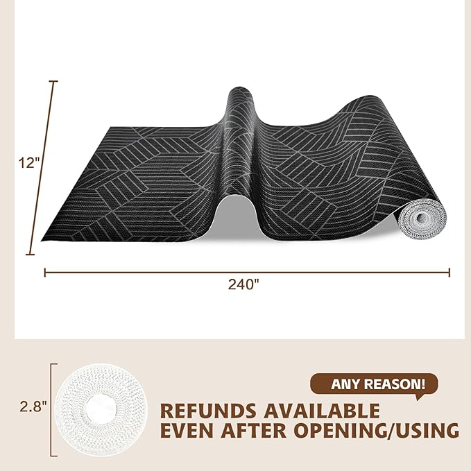 Shelf Liners for Kitchen Cabinets 17.3in x 20FT, Non Adhesive Cabinet Liner Strong Non-Slip Black and Silver Geometric Drawer Liner, Easy to Clean for Cabinet with Knife and Tape Measure