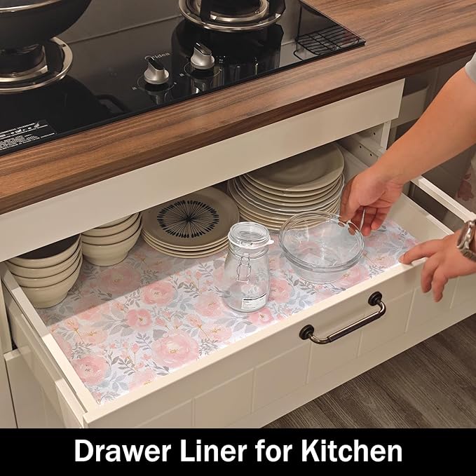 Floral Shelf and Drawer Liner for Kitchen,12IN x 20FT Non-Adhesive and Strong Non-Slip Peony Cabinet Drawer Liners for Kitchen Shelf, Waterproof Cupboard Liners,Easy to Clean