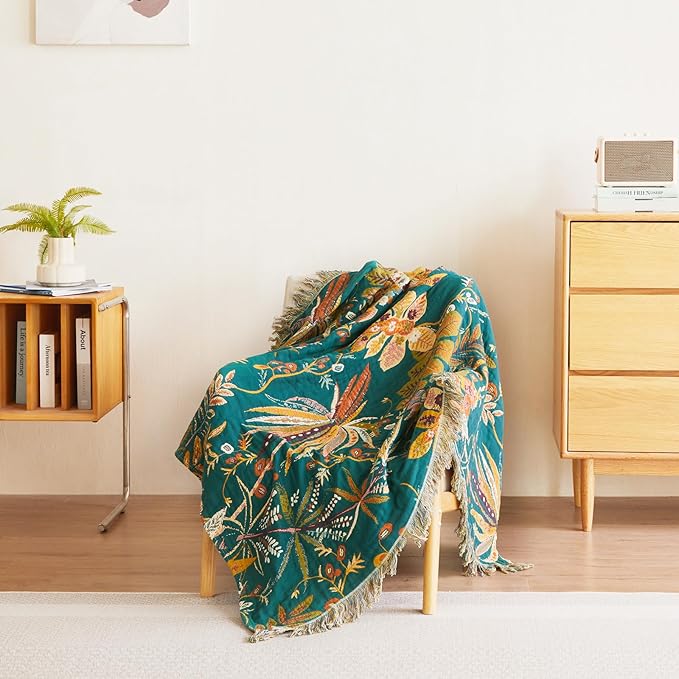 MSGKV Boho Throw Blanket for Couch 100% Cotton Embroidery Blanket 50"x60" Sofa Bed Chair Muslin Breathable All Seasons Lightweight Farmhouse Blankets Home Decor