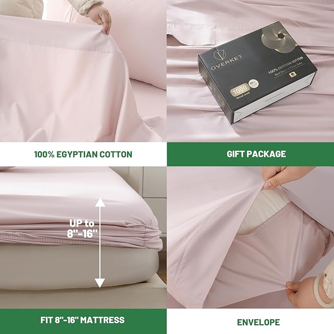 100% Egyptian Cotton Sheets King Size 1000 Thread Count Sateen Weave Soft Breathable 16-Inch Deep Pocket 4PCS（King,Light Pink）