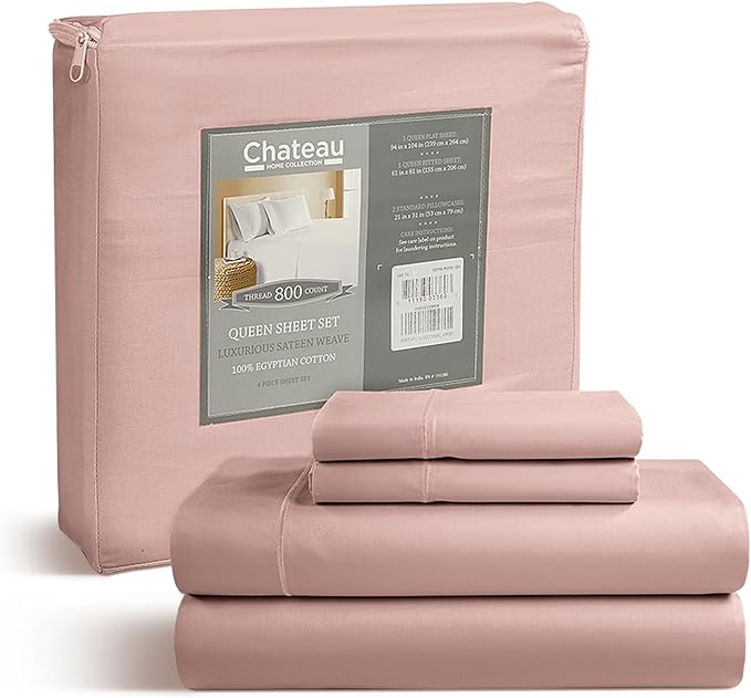 100% Cotton Bed Sheets Queen Size Bed Set, 800 TC 15" Deep Pocket Queen Sheet Set, Soft Breathable Sateen Weave Egyptian Cotton Sheets No Pill & Shrink, Machine Washable Pink Sheet- Sepia Rose