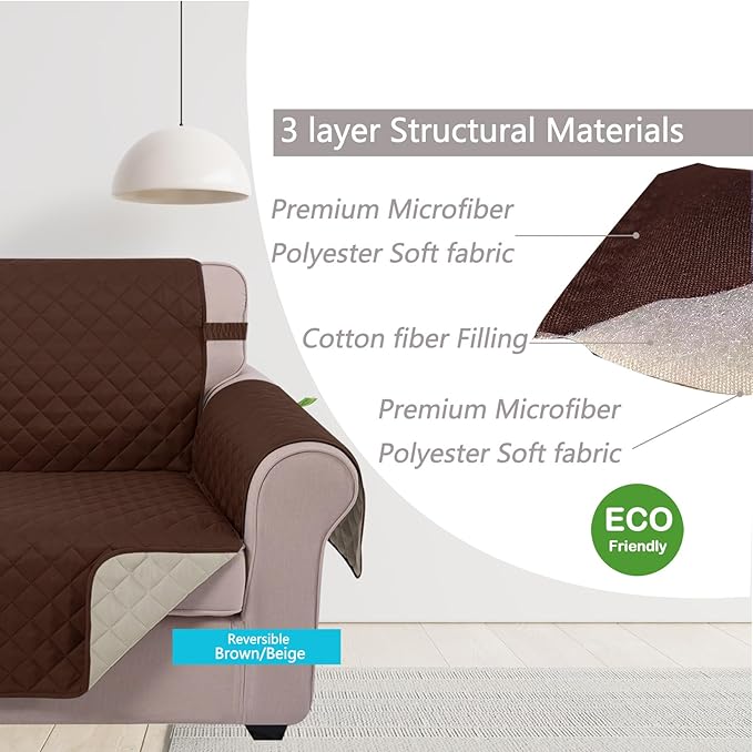 U-NICE HOME Recliner Chair Covers Reversible Chair Cover Pet Covers for Dogs with Elastic Straps Water Resistant Diamond Quilted (23''Recliner Small, Brown/Beige)