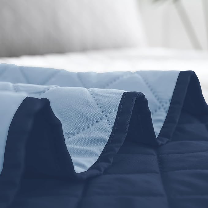 Easy-Going King Size Reversible Quilt Set with 1 Quilt and 2 Pillow Shams, Soft Bed Quilt Cover, Water Resistant Lightweight Microfiber Bedspread, Stain Resistant, Dark Blue/Light Blue