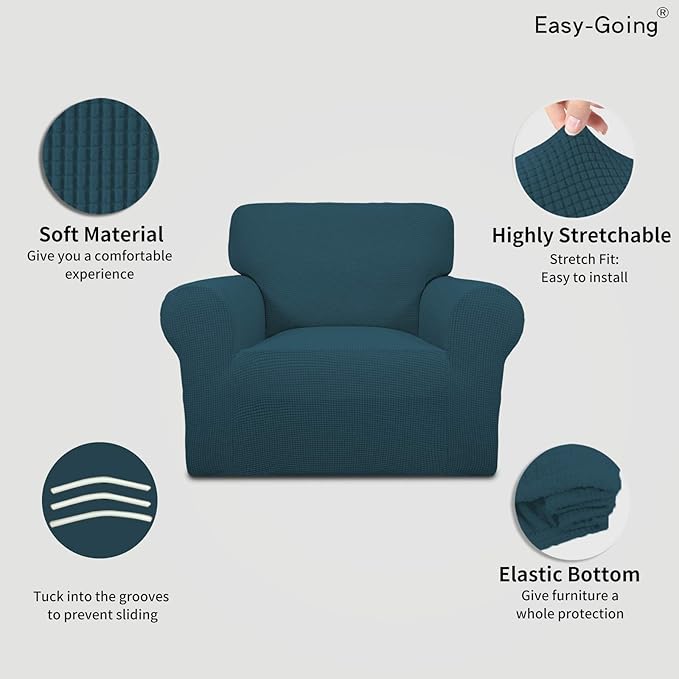 Easy-Going Stretch Chair Sofa Slipcover 1-Piece Couch Sofa Cover Furniture Protector Soft with Elastic Bottom for Kids, Pet. Spandex Jacquard Fabric Small Checks (Chair, Deep Teal)
